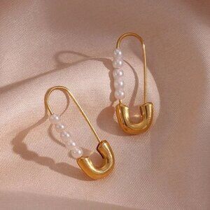 Safety Pin Imitation Pearl Hoop Earrings Paper Clip 18K Gold